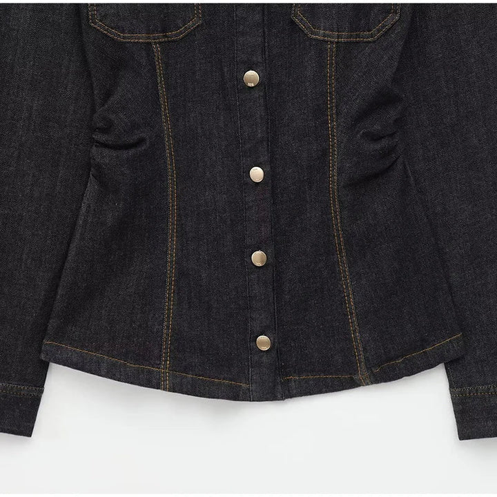 Denim Two-Piece Set with Tailored Button Jacket, Wide-Leg Pants, and Gold Hardware