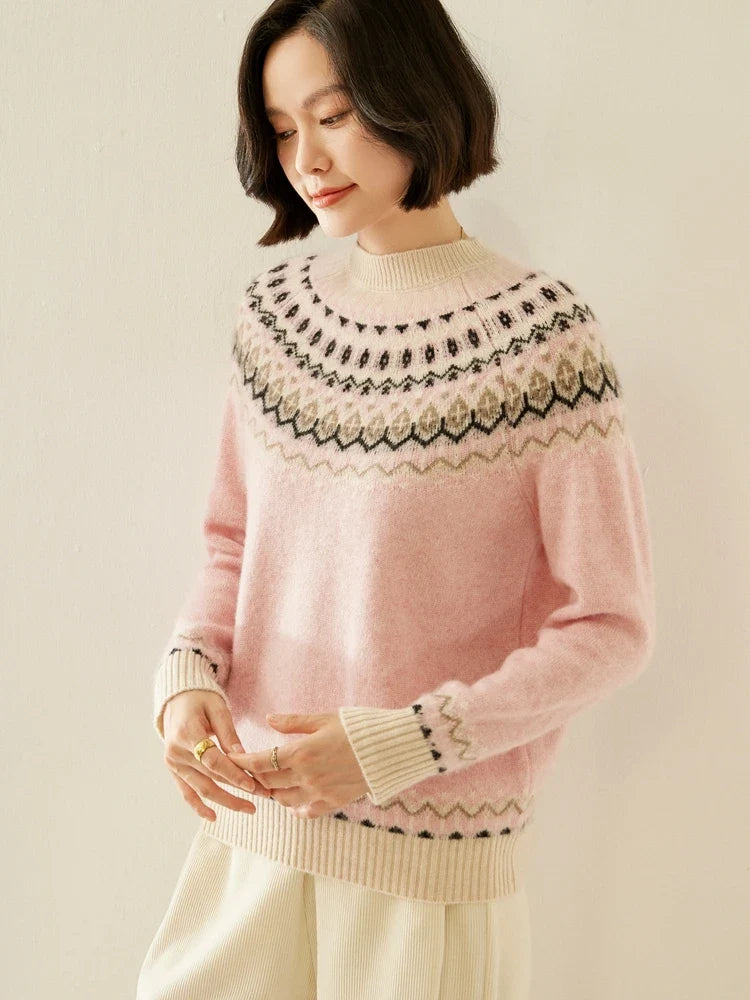 Fair Isle Jacquard Mock Neck Sweater in Cashmere-Soft Knit, Camel Colorway