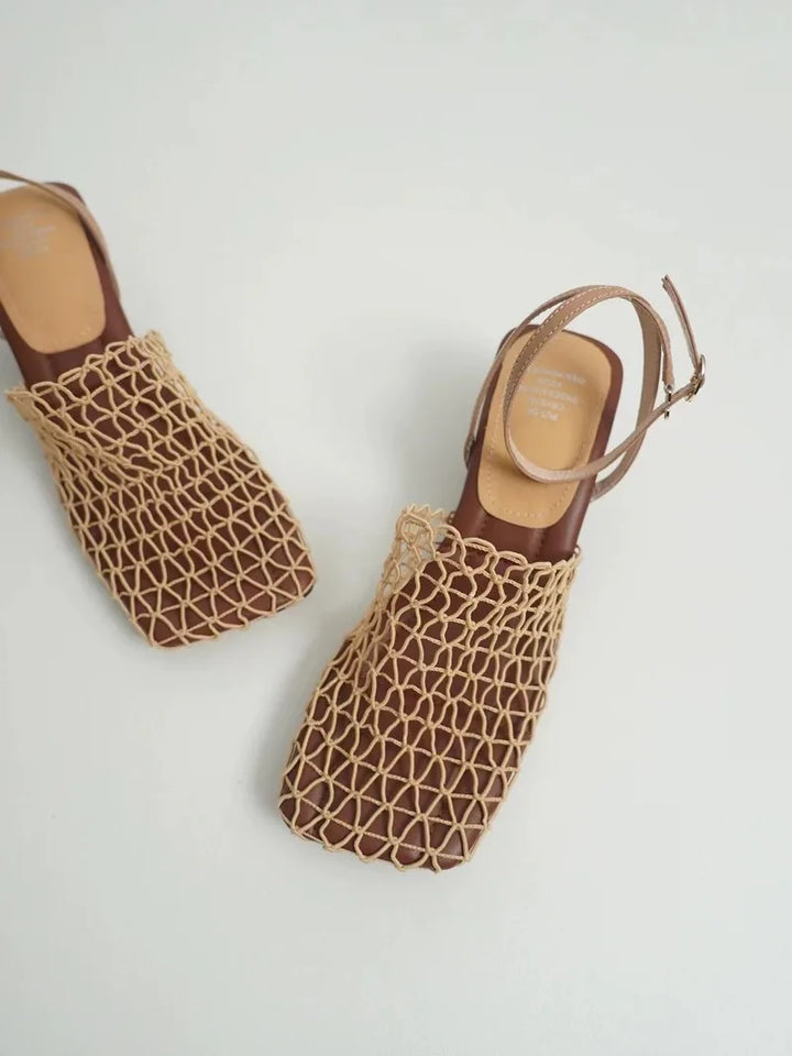 Braided Mesh Heeled Sandals with Square Toe and Ankle Strap, Women's Fallon