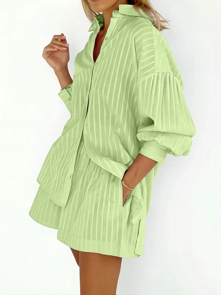 Button-Down Shirt and Shorts Set with Relaxed Oversized Fit in Lightweight Cotton-Blend Fabric