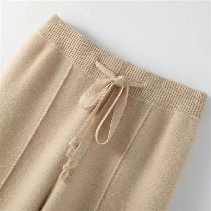 Wide-Leg Merino Wool Trousers with High-Waist Elastic Drawstring Waistband