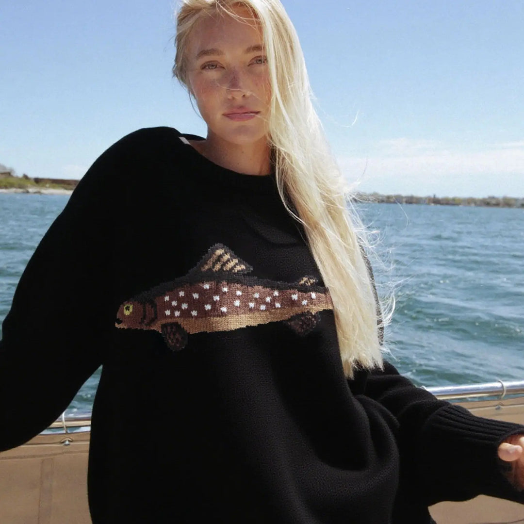 Half-Zip Wool-Blend Sweater with Intarsia Fish Motif, Ribbed Cuffs, and Relaxed Oversized Fit