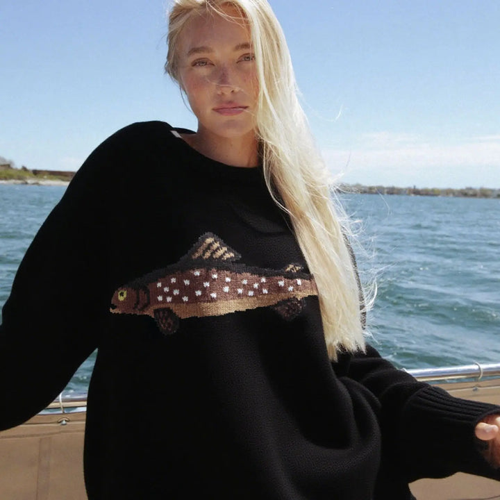 Half-Zip Wool-Blend Sweater with Intarsia Fish Motif, Ribbed Cuffs, and Relaxed Oversized Fit