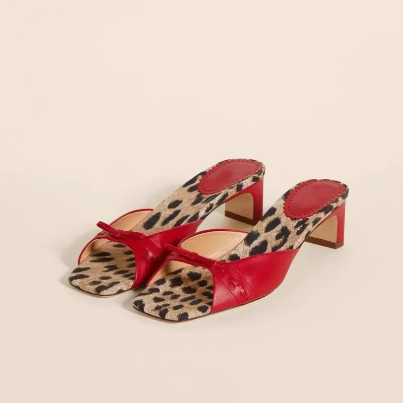 Square-Toe Heel Mules with Gingham Check Insole and Bow Detail in Brown