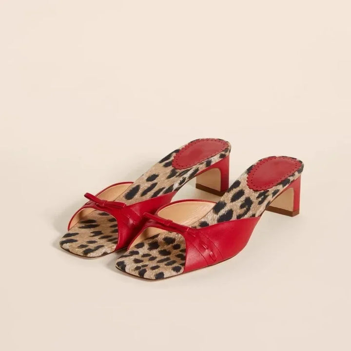 Square-Toe Heel Mules with Gingham Check Insole and Bow Detail in Brown