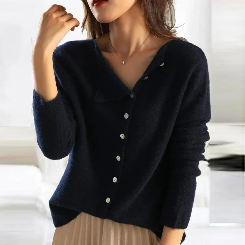Asymmetric Button Sweater in Khaki Soft Knit with Off-Center Placket Detail and Long Sleeves