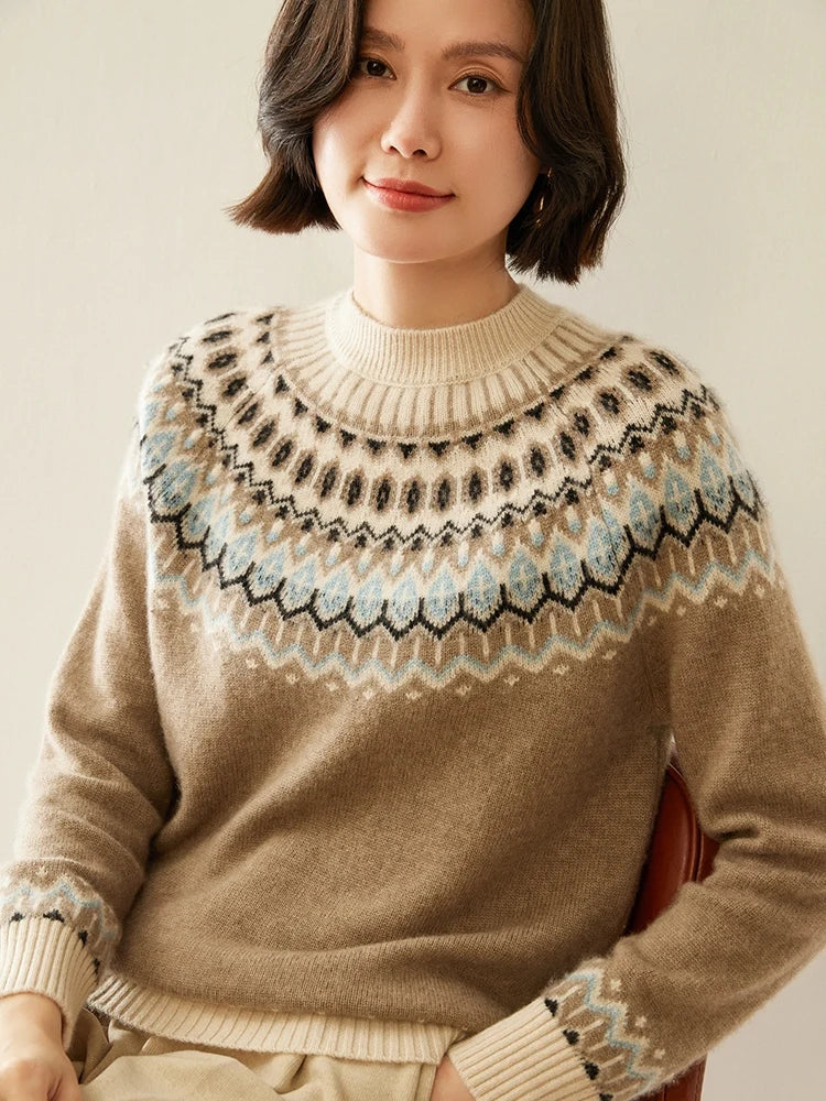 Fair Isle Jacquard Mock Neck Sweater in Cashmere-Soft Knit, Camel Colorway