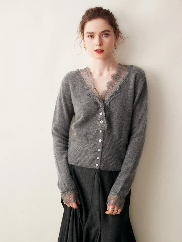 Cashmere Cardigan with Lace-Trim Detail and Relaxed Knit Fit in Khaki