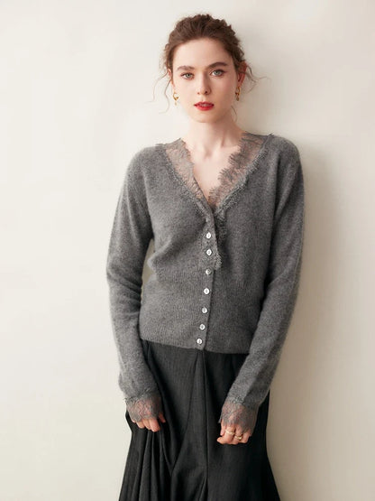 Cashmere Cardigan with Lace-Trim Detail and Relaxed Knit Fit in Khaki