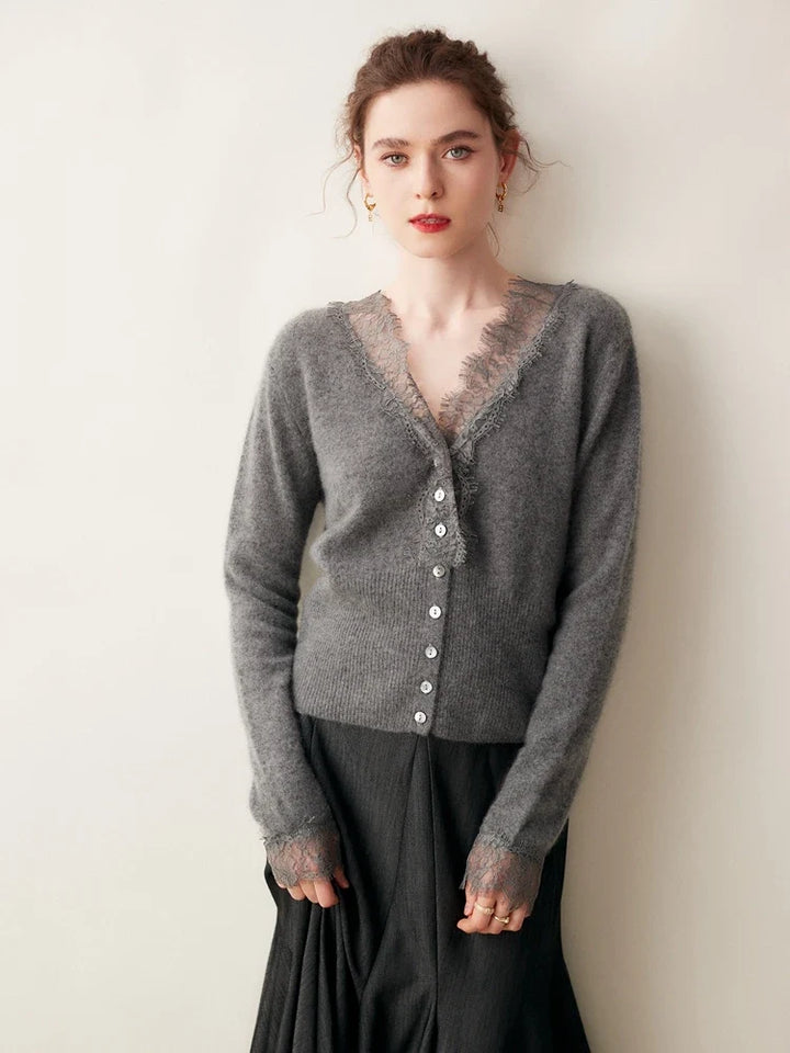 Cashmere Cardigan with Lace-Trim Detail and Relaxed Knit Fit in Khaki