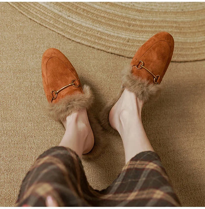 Fur-Lined Suede Mule Slippers with Genuine Lamb and Rabbit Fur Lining and Gold-Tone Hardware