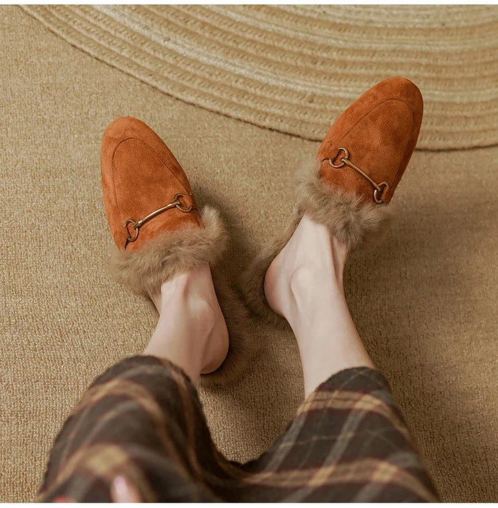 Fur-Lined Suede Mule Slippers with Premium Lamb and Rabbit Fur Lining and Gold-Tone Hardware