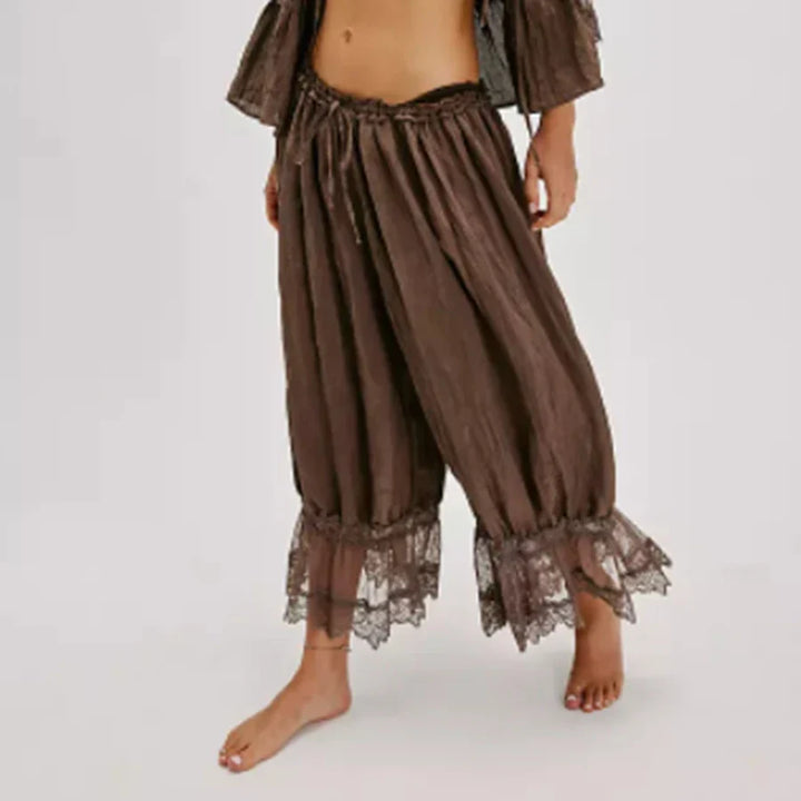 Lantern Pants with Ruffled Lace Cuffs and High-Rise Stretch Waistband in Cotton Blend