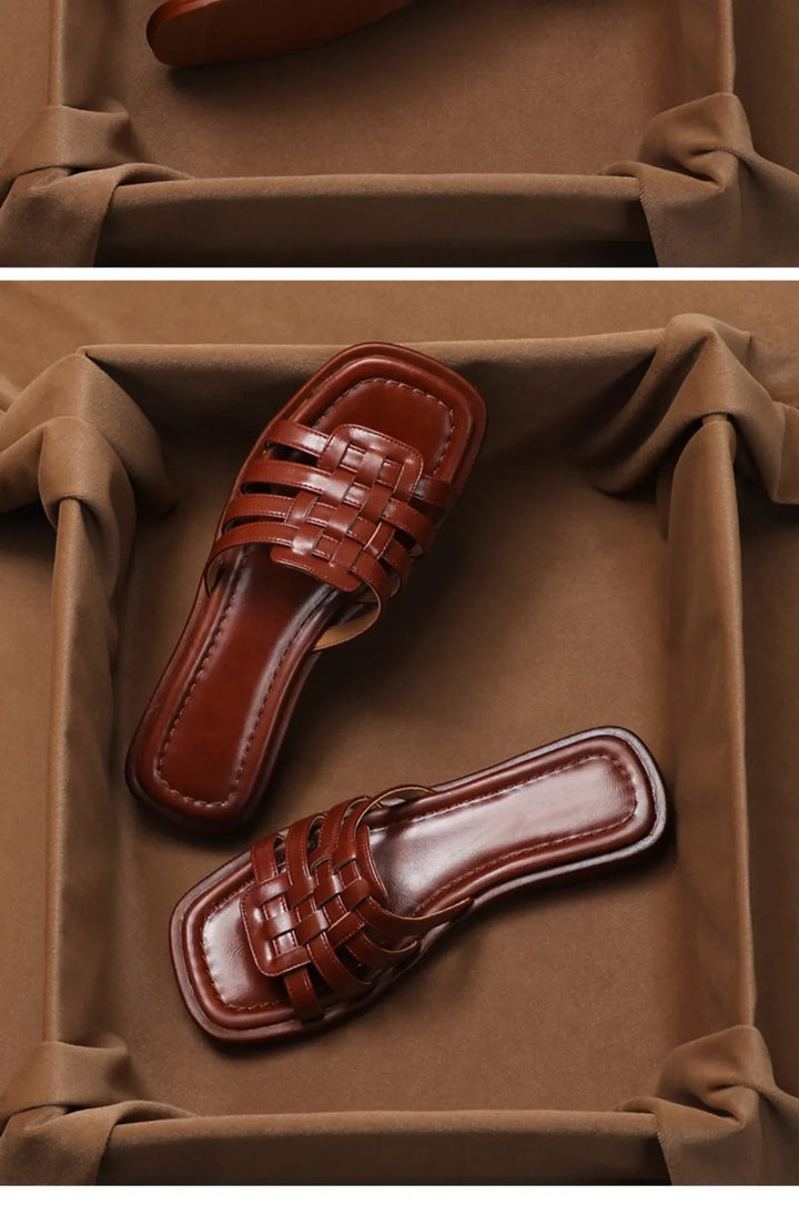 Woven Slides with Cushioned Footbed, Square Open Toe and Slight Heel Lift