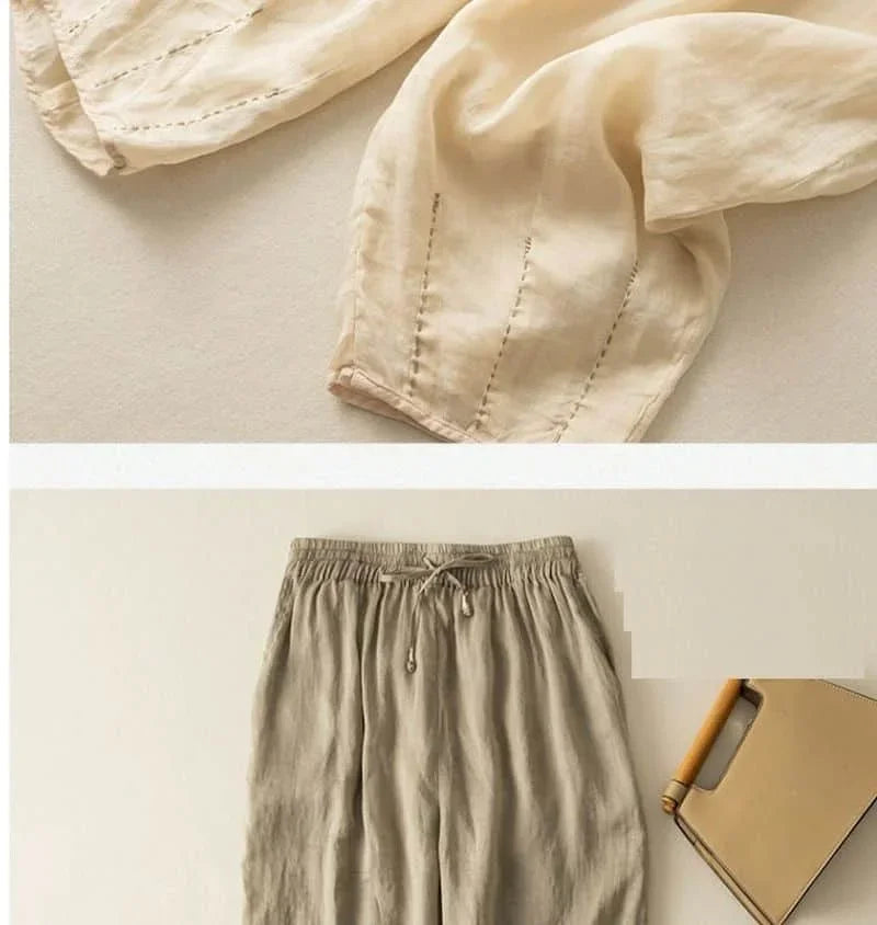Linen Pants with Elastic Drawstring Waist and Billowed Leg Silhouette in Khaki Cotton-Linen Blend