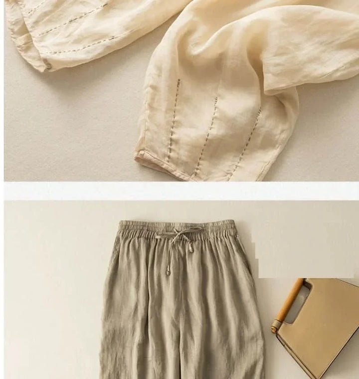 Linen Pants with Elastic Drawstring Waist and Billowed Leg Silhouette in Khaki Cotton-Linen Blend