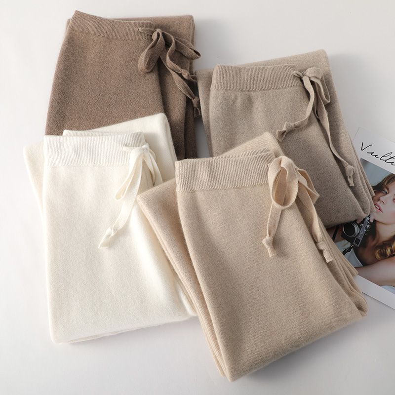 Sweatpants in Cashmere Wool Blend with Adjustable High-Rise Elastic Waist, Khaki