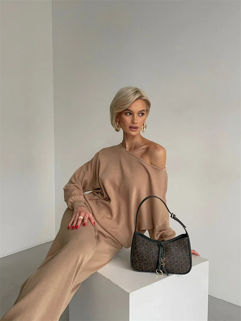 Off-Shoulder Loungewear Knit Set with Soft Flowing Fabric and Relaxed Fit in Camel