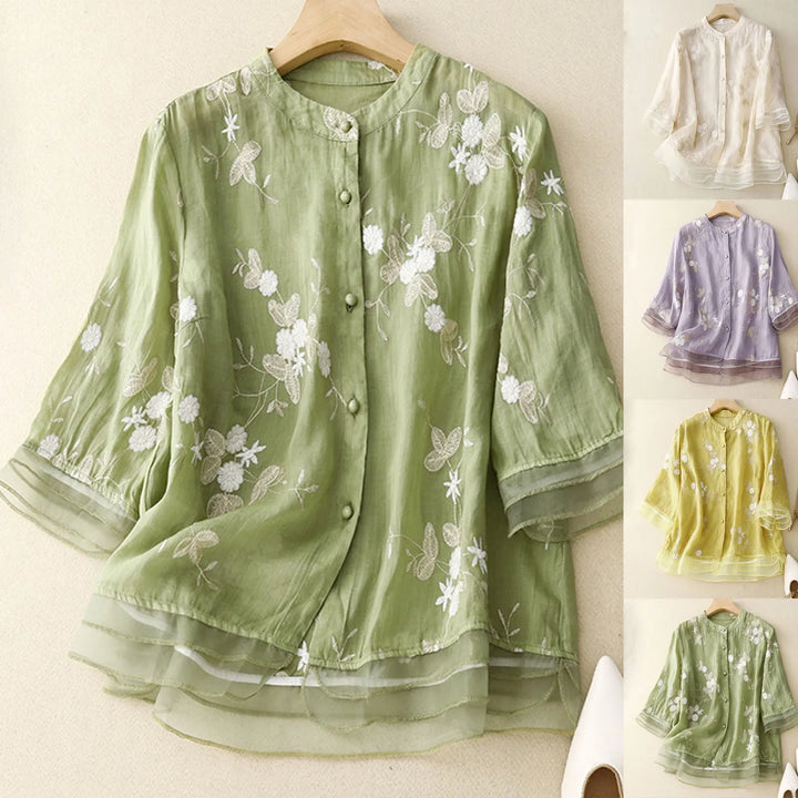 Cotton Blouse with Sheer Double Cuffs and Botanical Embroidery, Flowing Vintage-Inspired Fit