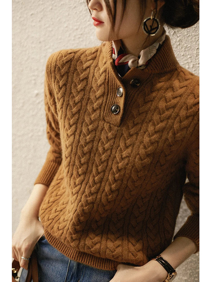 Cable-Knit Sweater with Cashmere Blend, Button-Up Stand Collar and Snug Fit