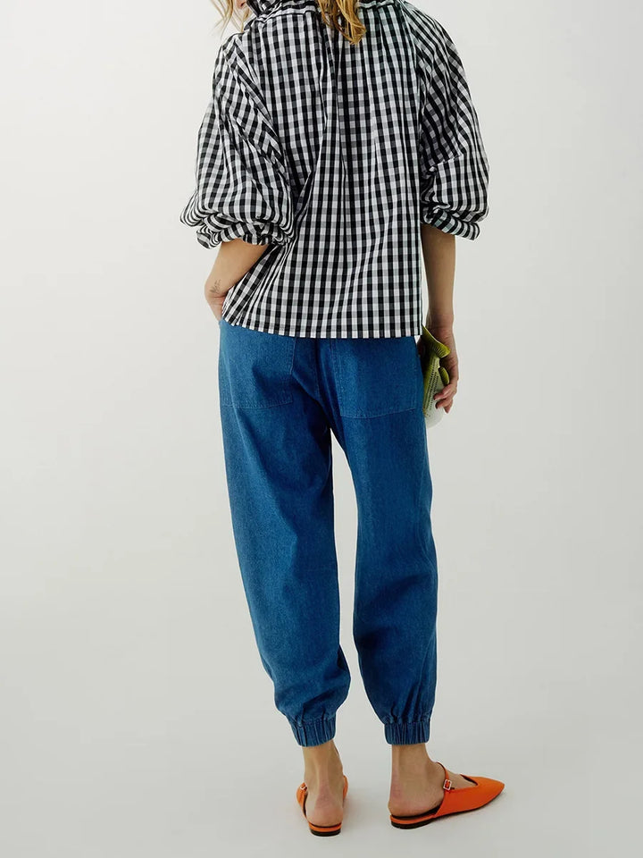 Ruffled Collar Blouse with Oversized Bow Tie and Lantern Sleeves, Checkered Print