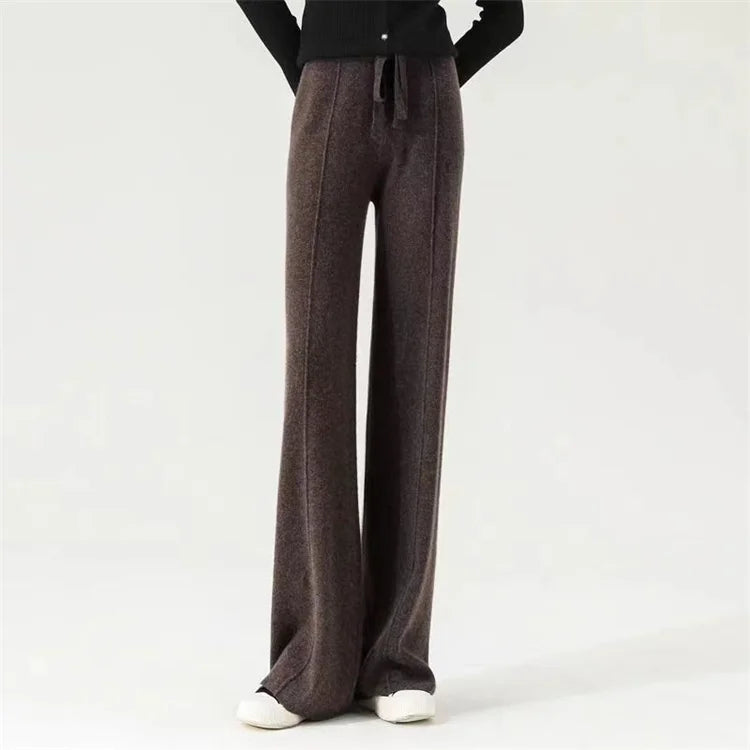 Wide-Leg Merino Wool Trousers with High-Waist Elastic Drawstring Waistband
