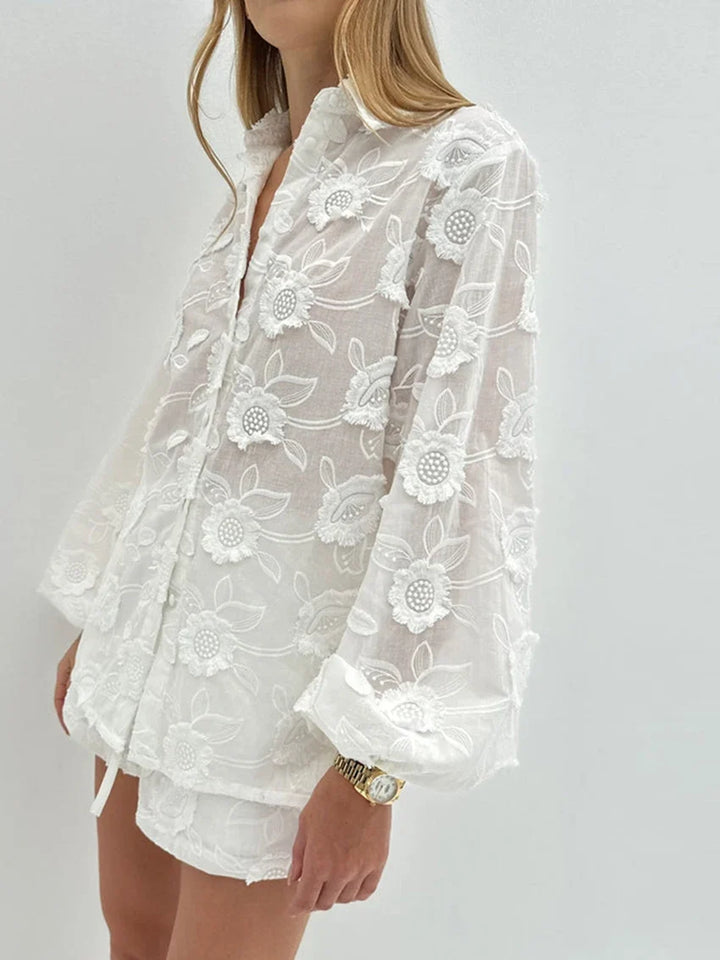 Embroidered Lounge Set with Sheer Button-Up Top and Floral Lace Detail in White