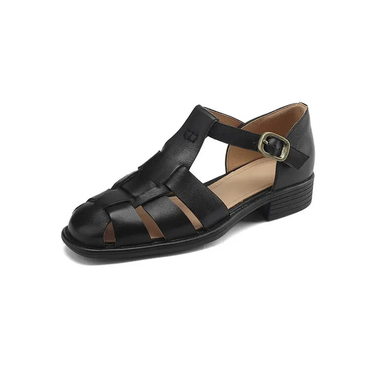 Handwoven Leather Sandals with Adjustable T-Strap Buckle and Low Stacked Heel