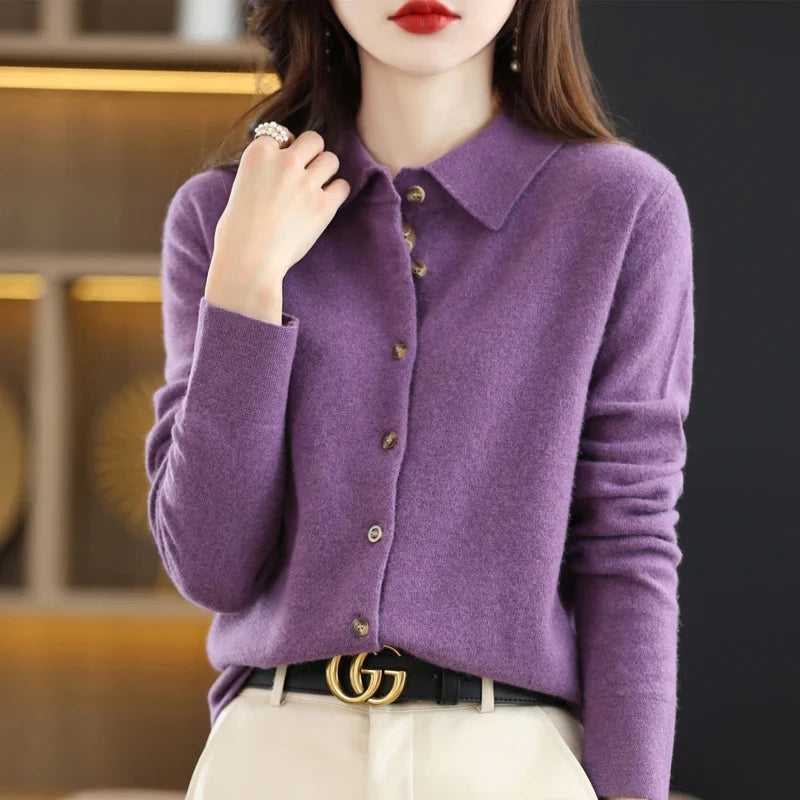 Polo Cardigan in Wool Blend with Structured Lapel and Button-Front Closure, Navy