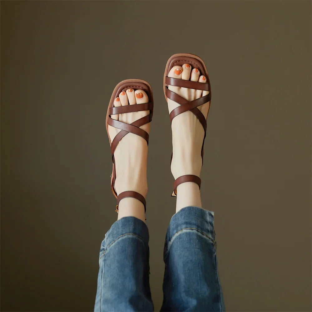 Leather Ankle-Strap Sandals with Cushioned Supportive Insoles and Secure Buckle Closure, Brown