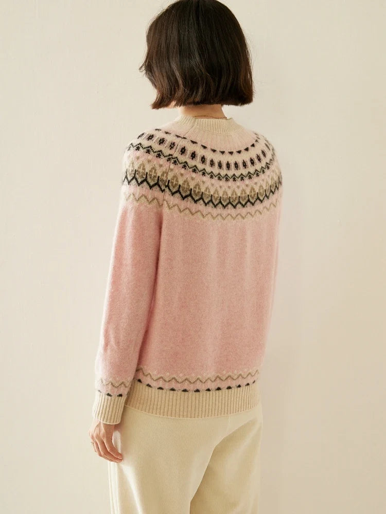 Fair Isle Jacquard Mock Neck Sweater in Cashmere-Soft Knit, Camel Colorway