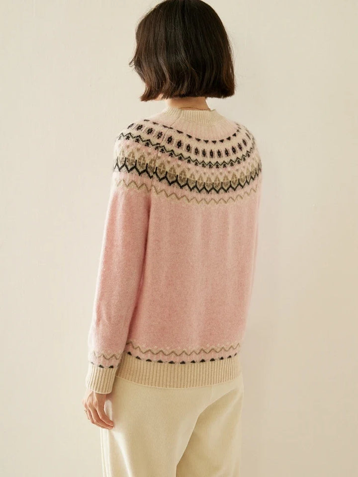 Fair Isle Jacquard Mock Neck Sweater in Cashmere-Soft Knit, Camel Colorway