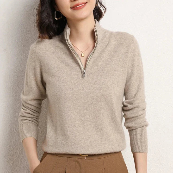 Cashmere Half-Zip Pullover Sweater with Stand-Up Collar, Standard Fit, Beige