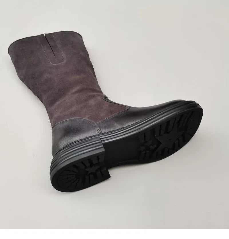 Shearling Riding Boots in Premium Leather-Look with Wool Lining and Side Zipper, Brown