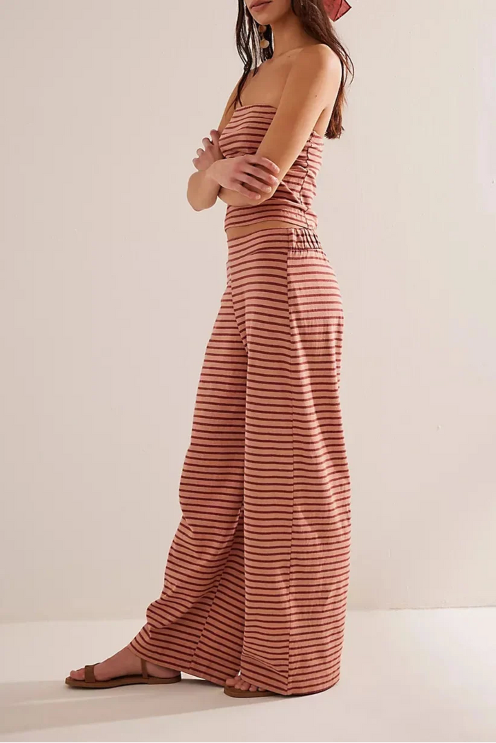 Striped Cotton-Linen Two-Piece Set with Fitted Bandeau Top and Relaxed Wide-Leg Pants