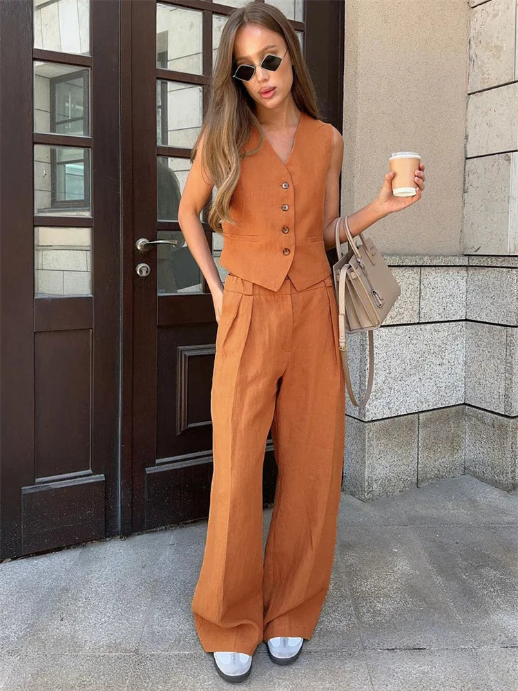 Linen Trouser Set with Buttoned Vest Top and Wide-Leg Pleated Trousers, Two-Piece Design