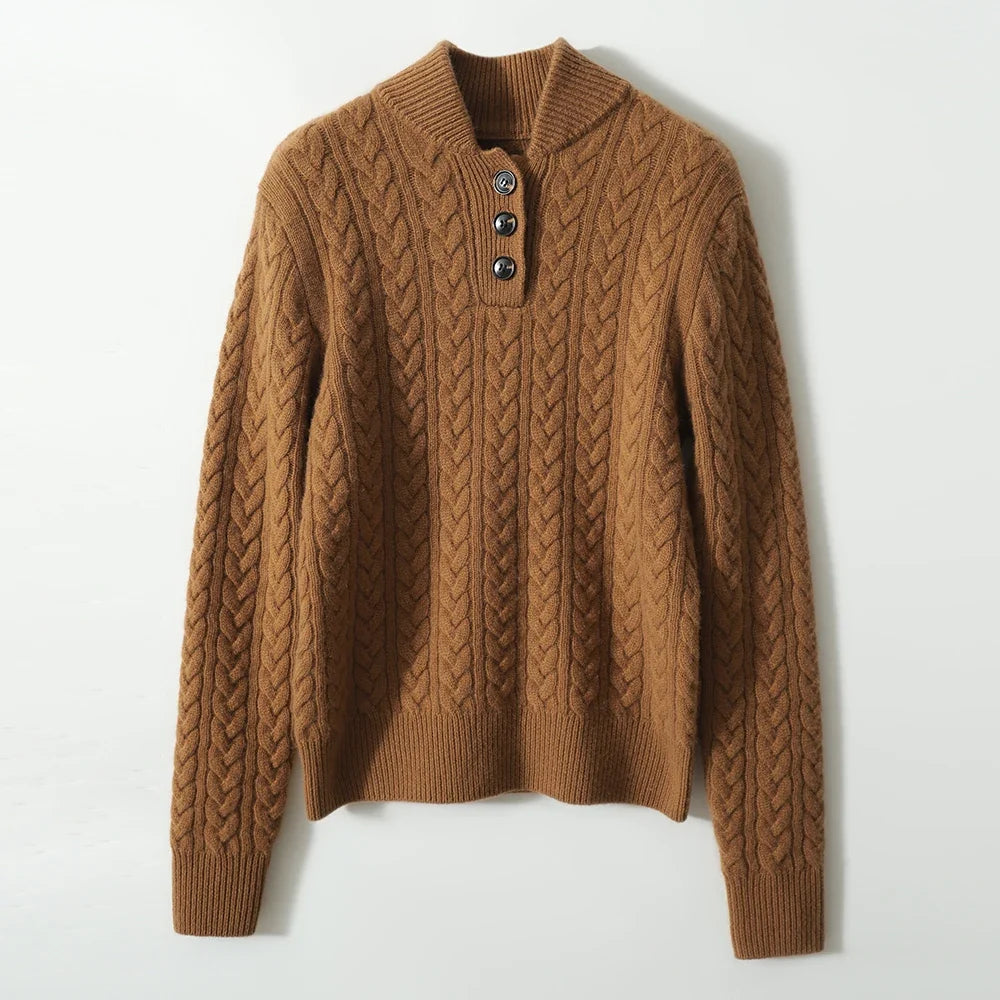 Cable-Knit Sweater with Cashmere Blend, Button-Up Stand Collar and Snug Fit