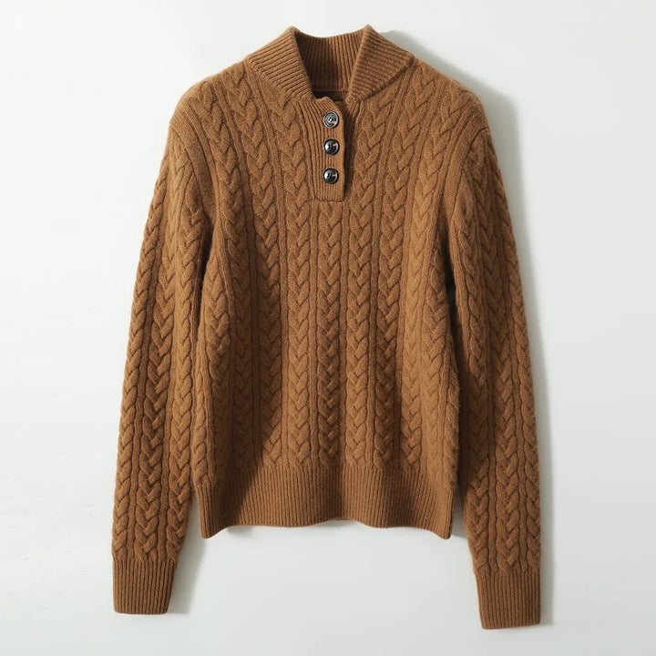 Cable-Knit Sweater with Cashmere Blend, Button-Up Stand Collar and Snug Fit
