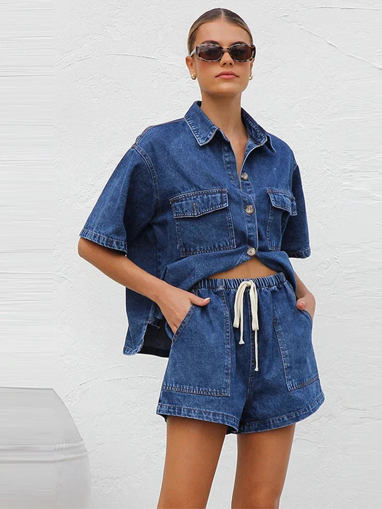Button-Down Shirt and Drawstring Shorts 2-Piece Denim Set in Organic Cotton Blend with Elastic Waist