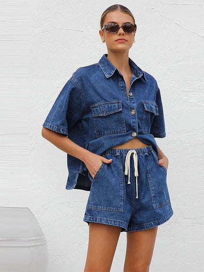 Button-Down Shirt and Drawstring Shorts 2-Piece Denim Set in Organic Cotton Blend with Elastic Waist