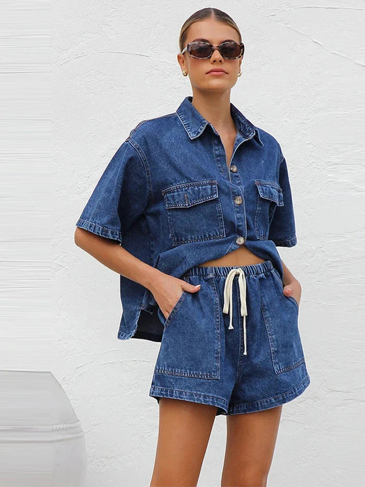 Button-Down Shirt and Drawstring Shorts 2-Piece Denim Set in Organic Cotton Blend with Elastic Waist