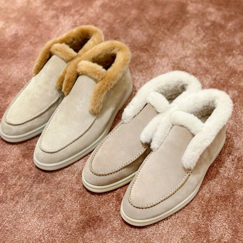 Suede Loafer Boots with Shearling Lining, Moc Toe Slip-On Design and Cushioned Sole