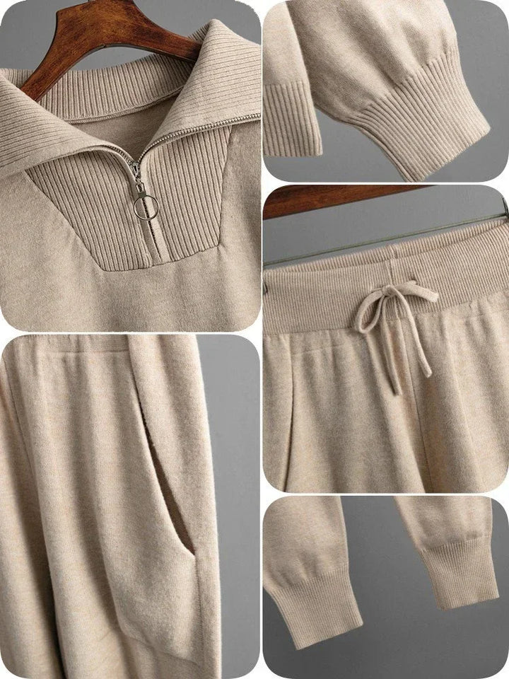 Half-Zip Knit Two-Piece Lounge Set with Elastic-Waist Pants and Soft Ribbed Texture in Peach