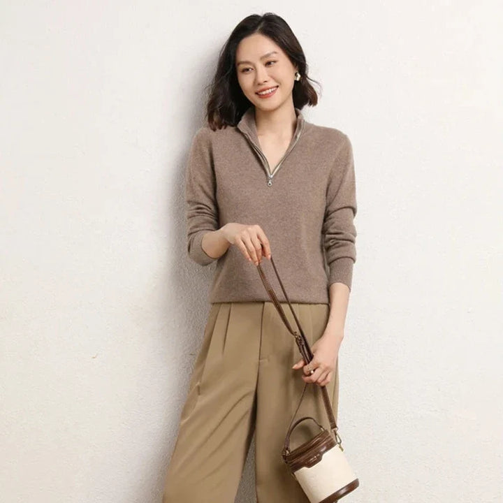 Cashmere Half-Zip Pullover Sweater with Stand-Up Collar, Standard Fit, Beige