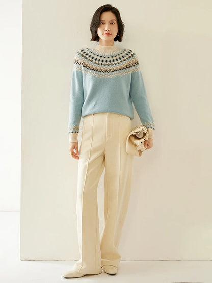 Fair Isle Jacquard Mock Neck Sweater in Soft 100% Cashmere, Camel Colorway