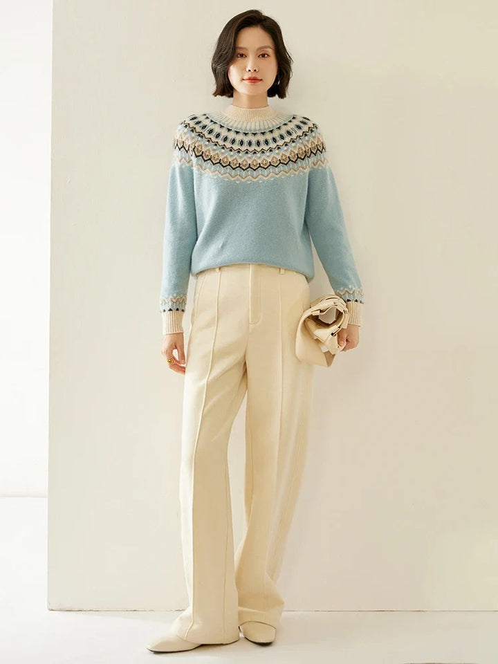 Fair Isle Jacquard Mock Neck Sweater in Cashmere-Soft Knit, Camel Colorway