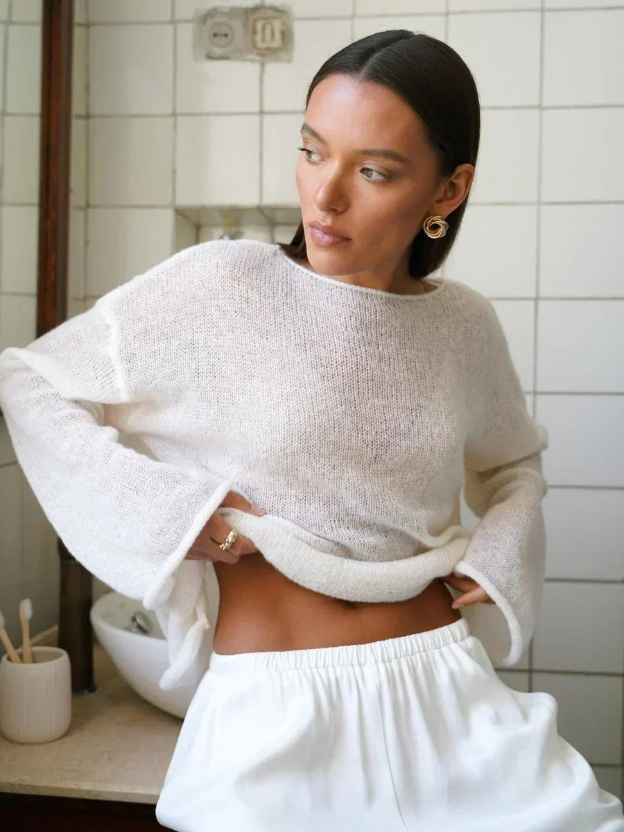 Boatneck Sweater in Merino Wool Blend with Relaxed Fit and Long Sleeves