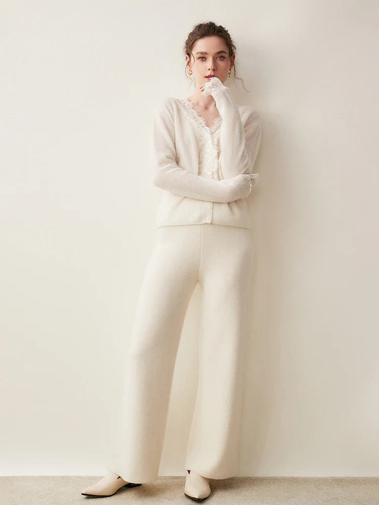 Cashmere Cardigan with Lace-Trim Detail and Relaxed Knit Fit in Khaki