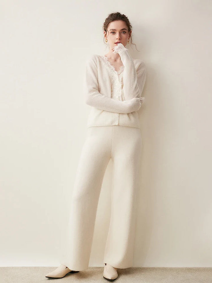 Cashmere Cardigan with Lace-Trim Detail and Relaxed Knit Fit in Khaki