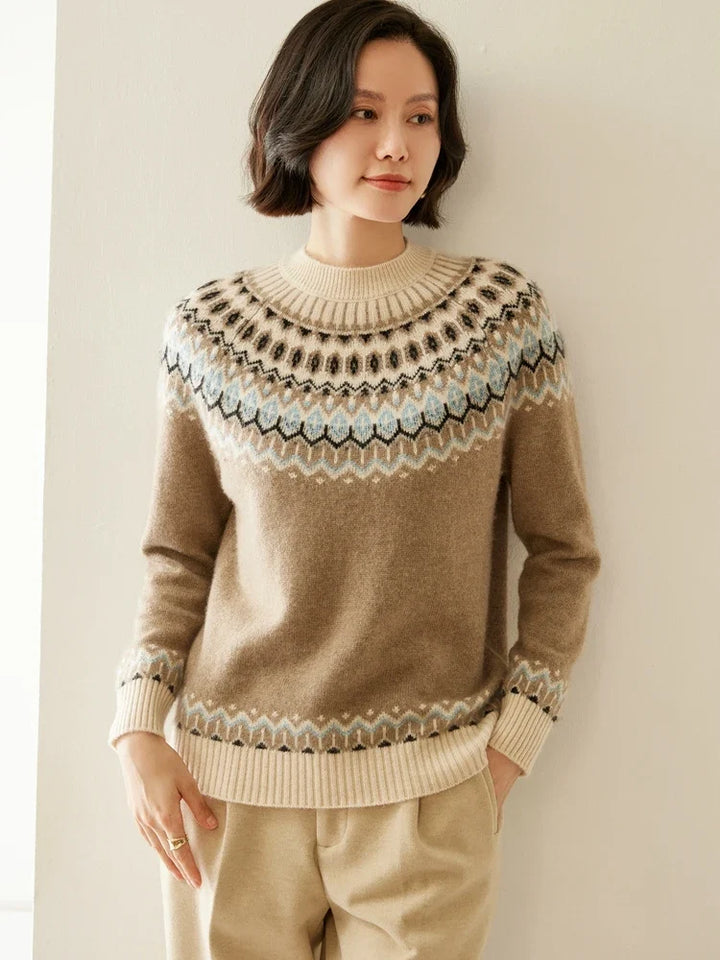 Fair Isle Jacquard Mock Neck Sweater in Cashmere-Soft Knit, Camel Colorway